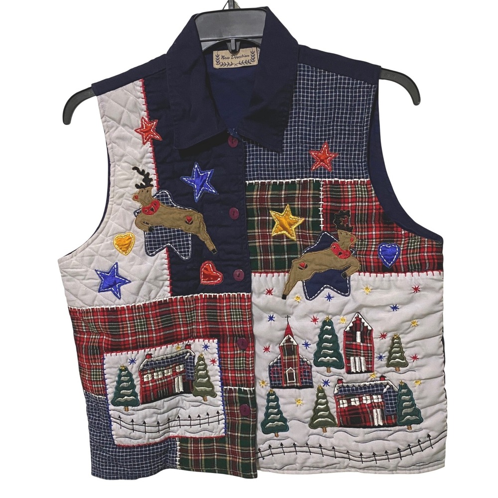 Vtg 90s Christmas Patchwork Quilted Vest Reindeer Village Kitsch M New Direction